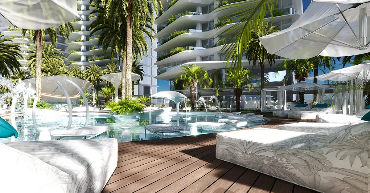 View of Pool Club between the towers and landscaping of Atmosphere. Illustrative render: Creato / Dall.