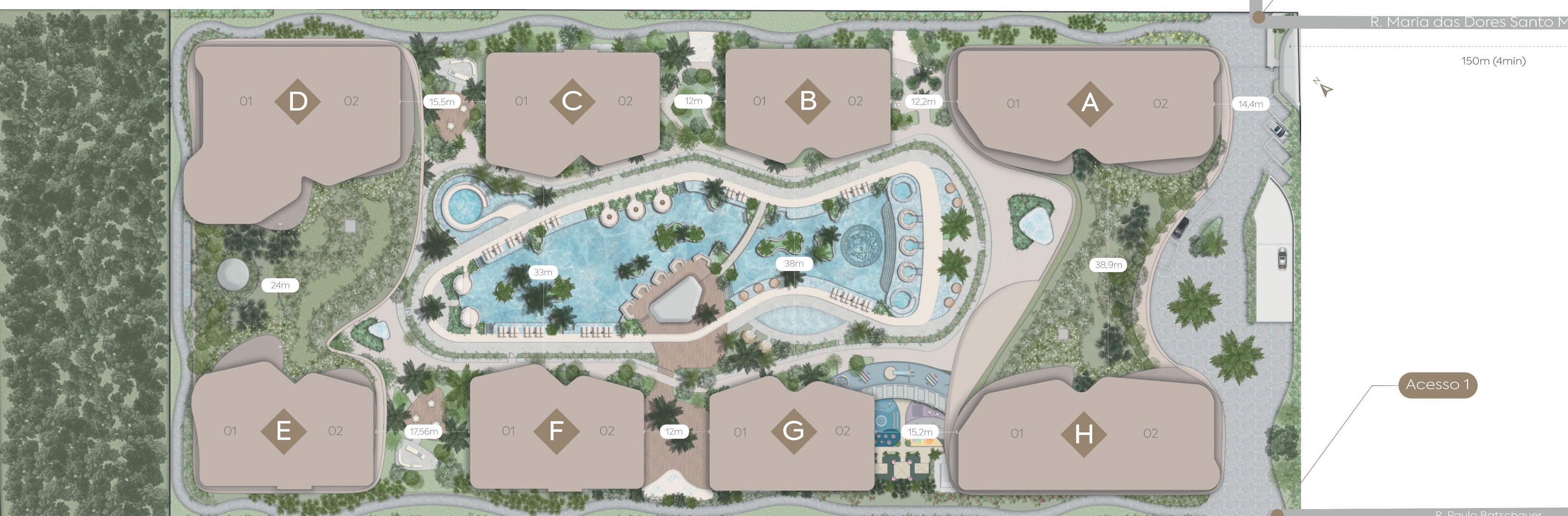 Atmosphere deployment plan: towers A to H organized around the pool and garden area, with two accesses and the Atlantic Ocean to the east.