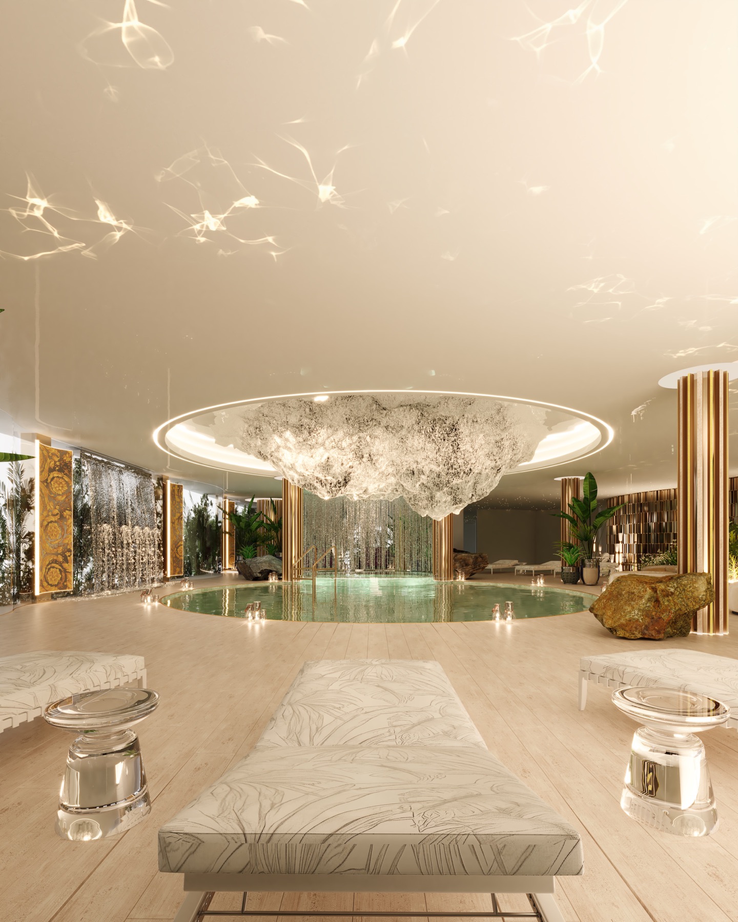 Aqua Pavilion of the Atmosphere Wellness Center, with water depth, rest areas and vegetation. Illustrative render: Creato / Dall.