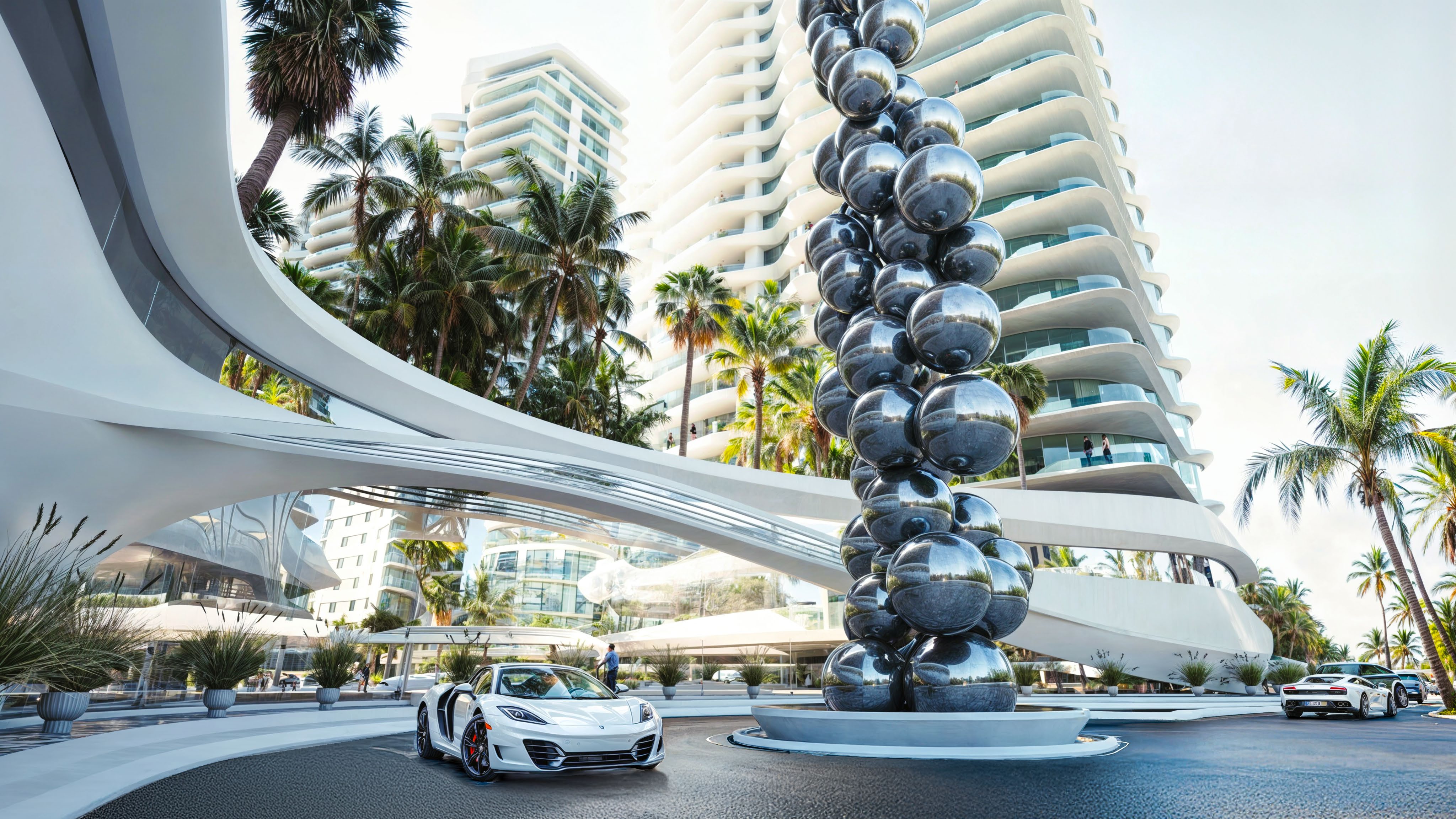 Illustrative rendering of Atmosphere Home Spa’s curved façade, reflecting pool, and palm trees