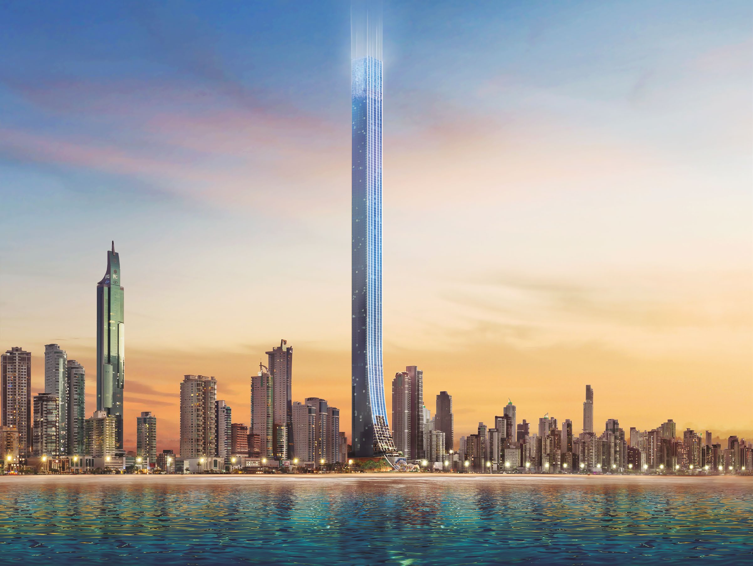 Render ilustrativo do Senna Tower em Balneário Camboriú, com torre iluminada diante da orla