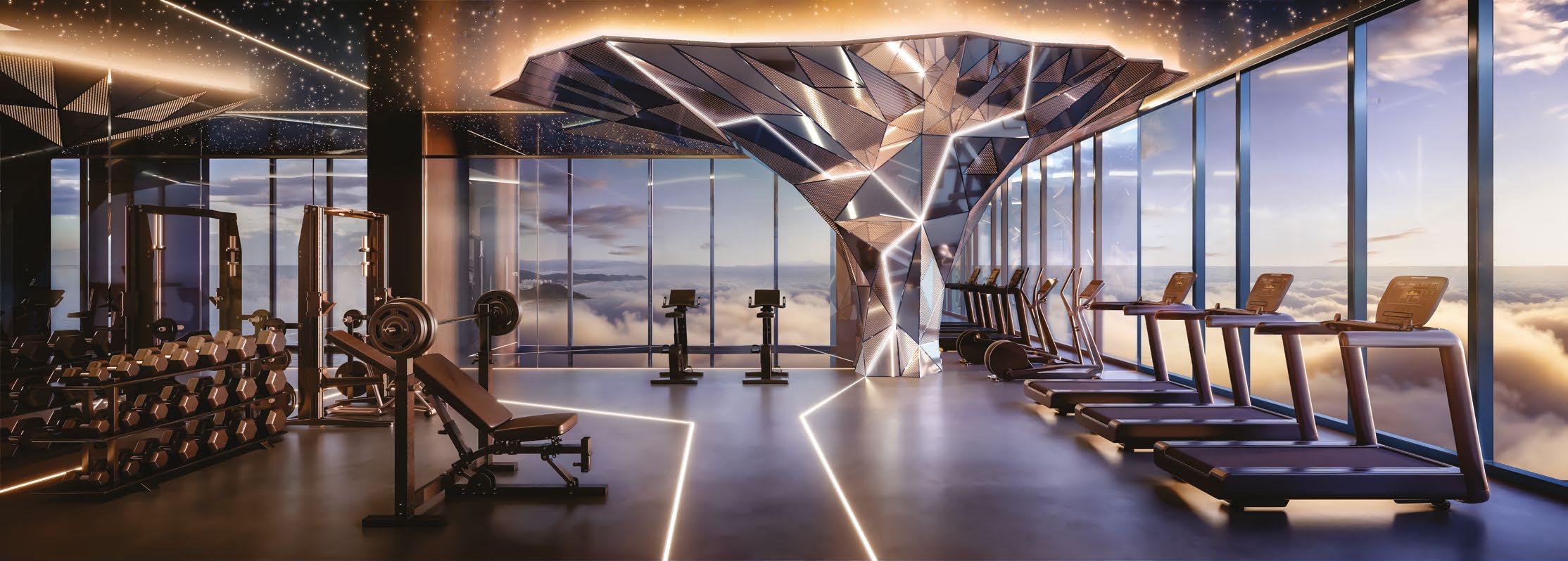 Render da academia do Senna Tower, com equipamentos de musculação e cardio diante de janelas com vista para as nuvens.
