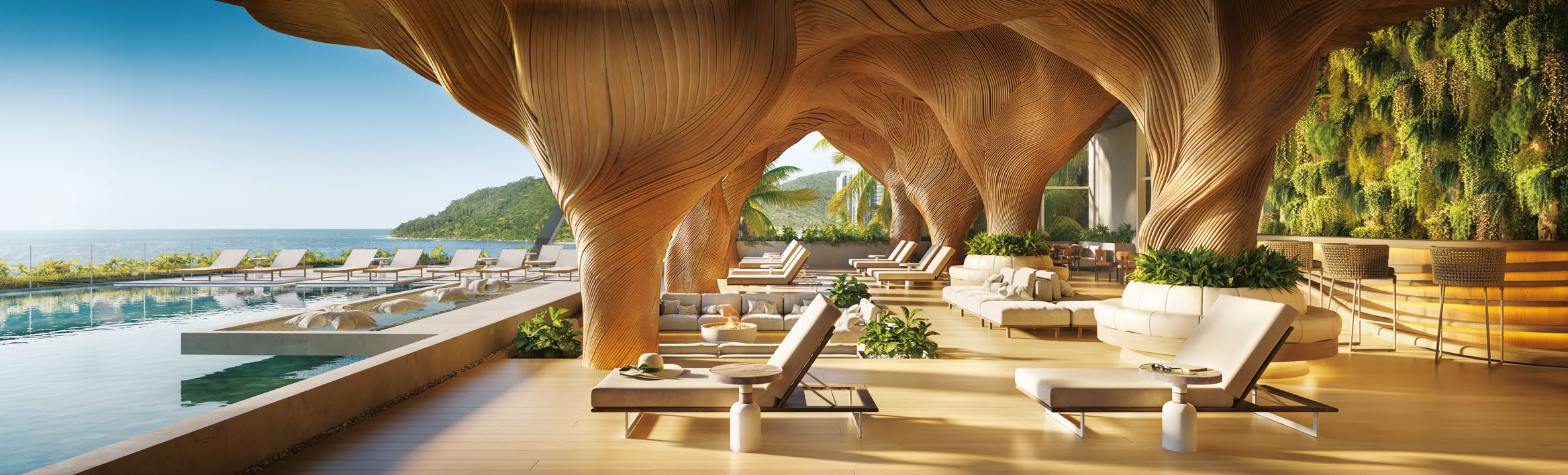 Render de área de convivência com piscina, espreguiçadeiras e vista para o mar, em cota aproximada de 30 metros.