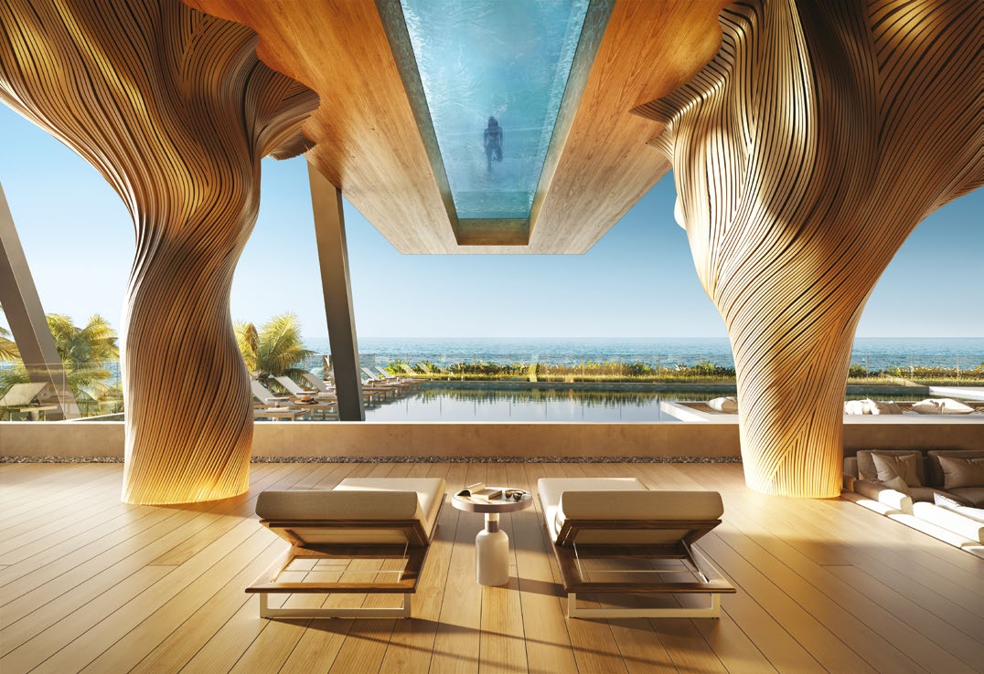 Render da piscina em balanço do Senna Tower, entre pilares orgânicos, com vista para o mar.