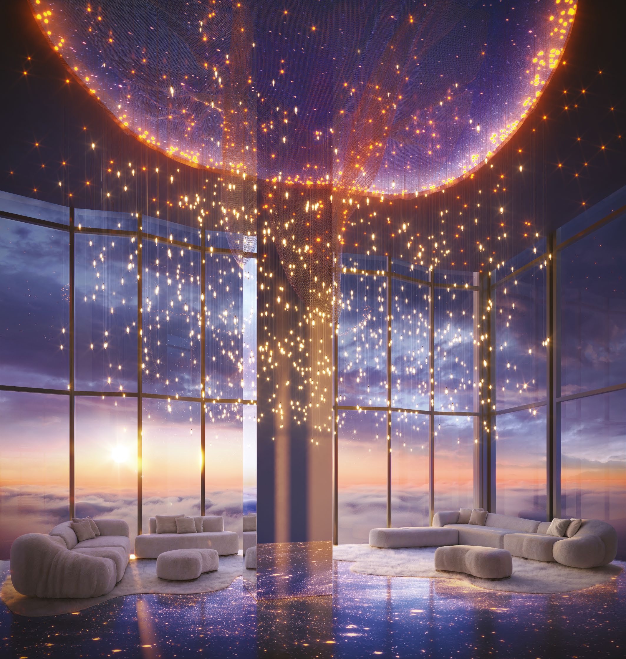 Render de salão de festas envidraçado, com teto luminoso, áreas de estar e vista para as nuvens.