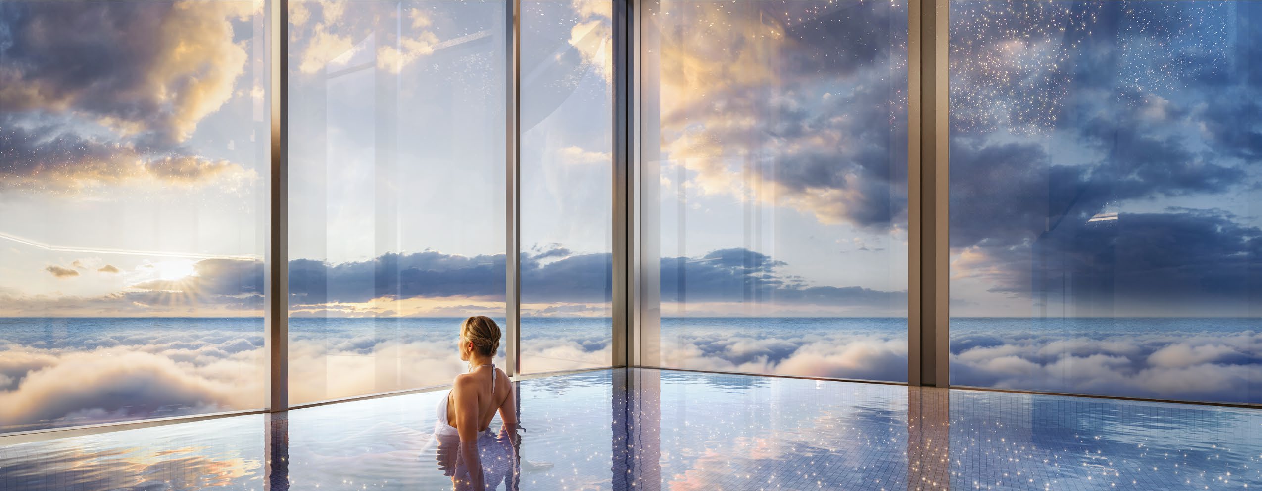 Render de piscina de bem-estar em ambiente envidraçado acima das nuvens, ao pôr do sol.