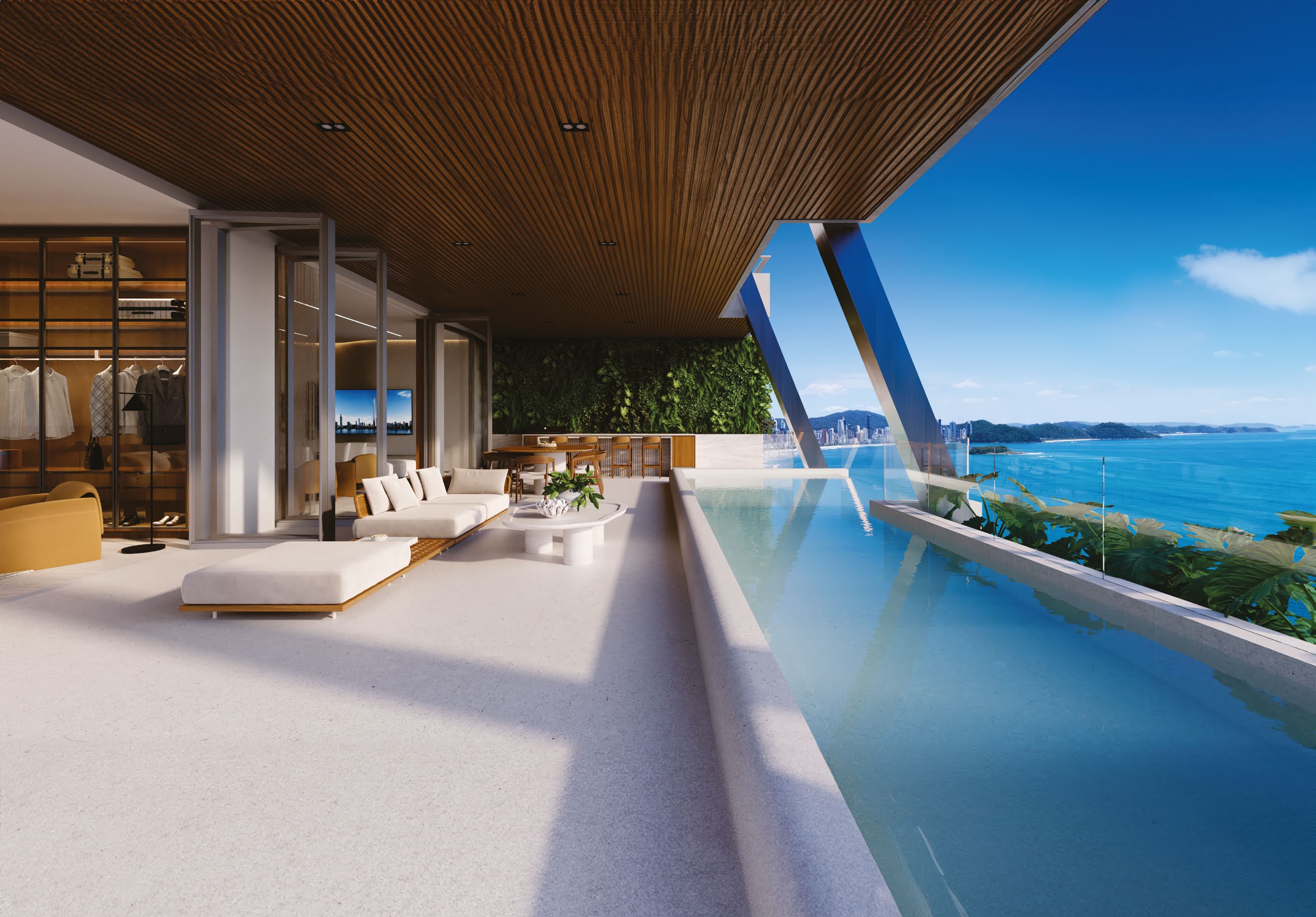 Render ilustrativo de uma mansão suspensa do Senna Tower, com terraço, piscina em balanço e vista para o mar.