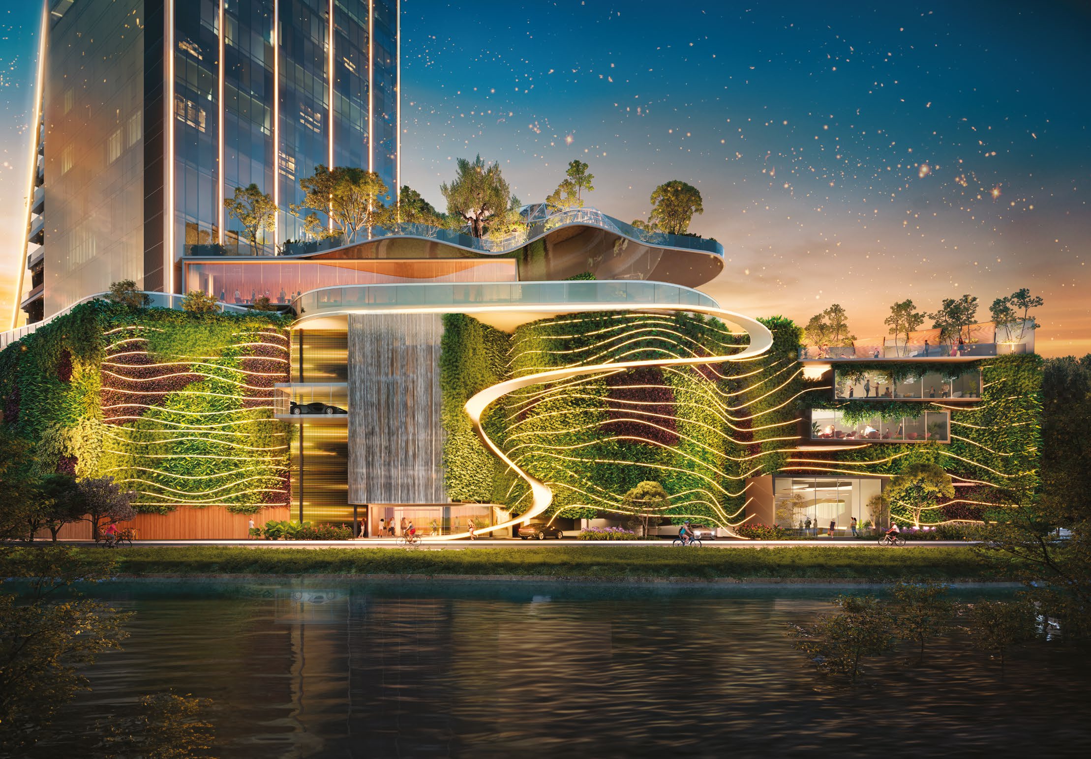 Render ilustrativo de sala de estar integrada à paisagem da Mata Atlântica e ao horizonte do mar.