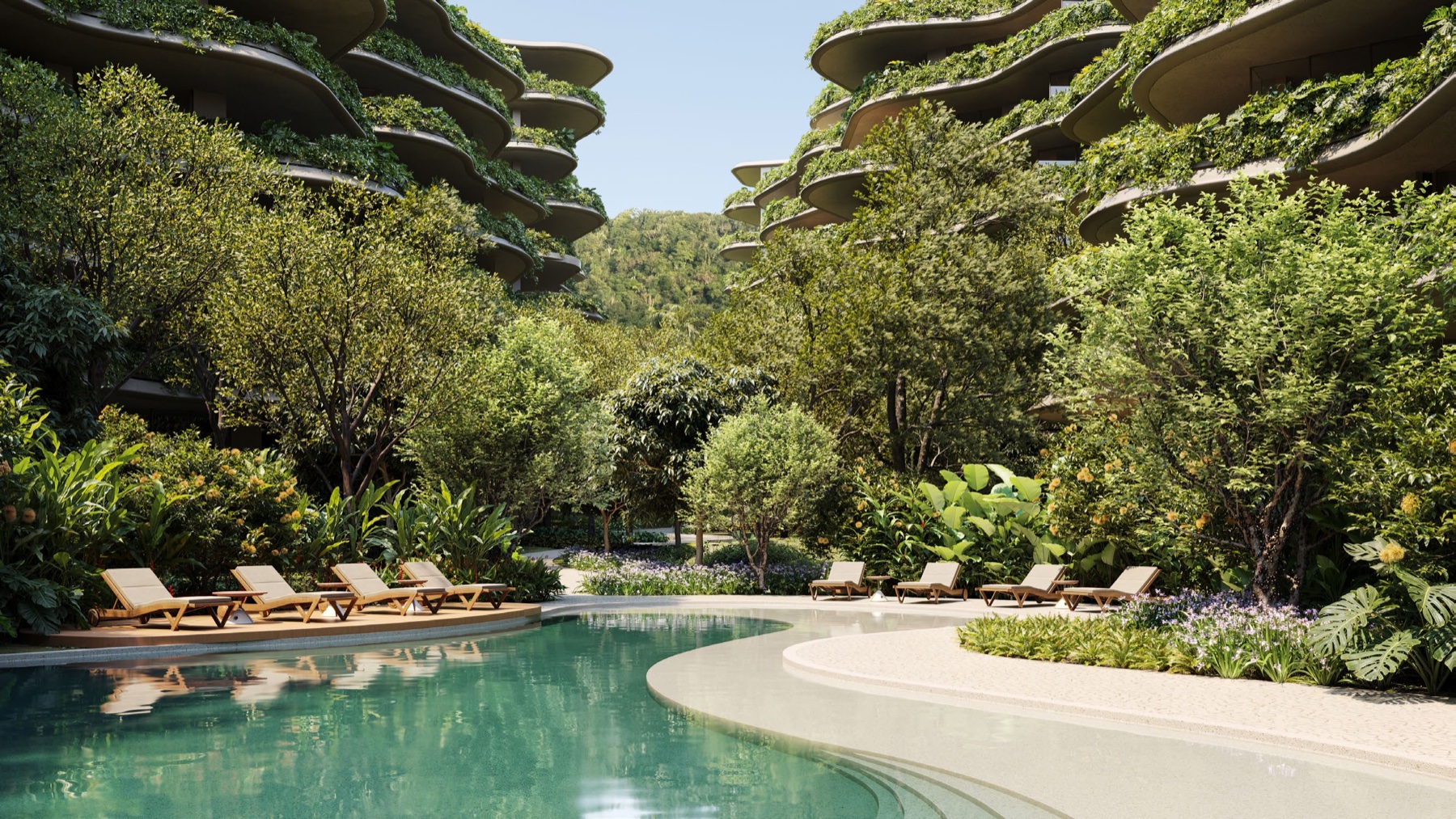 Family resort pool with a gently sloping beach entry