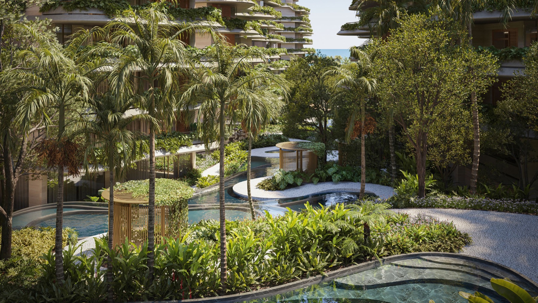Hydrotherapy pool with cabanas set within native vegetation