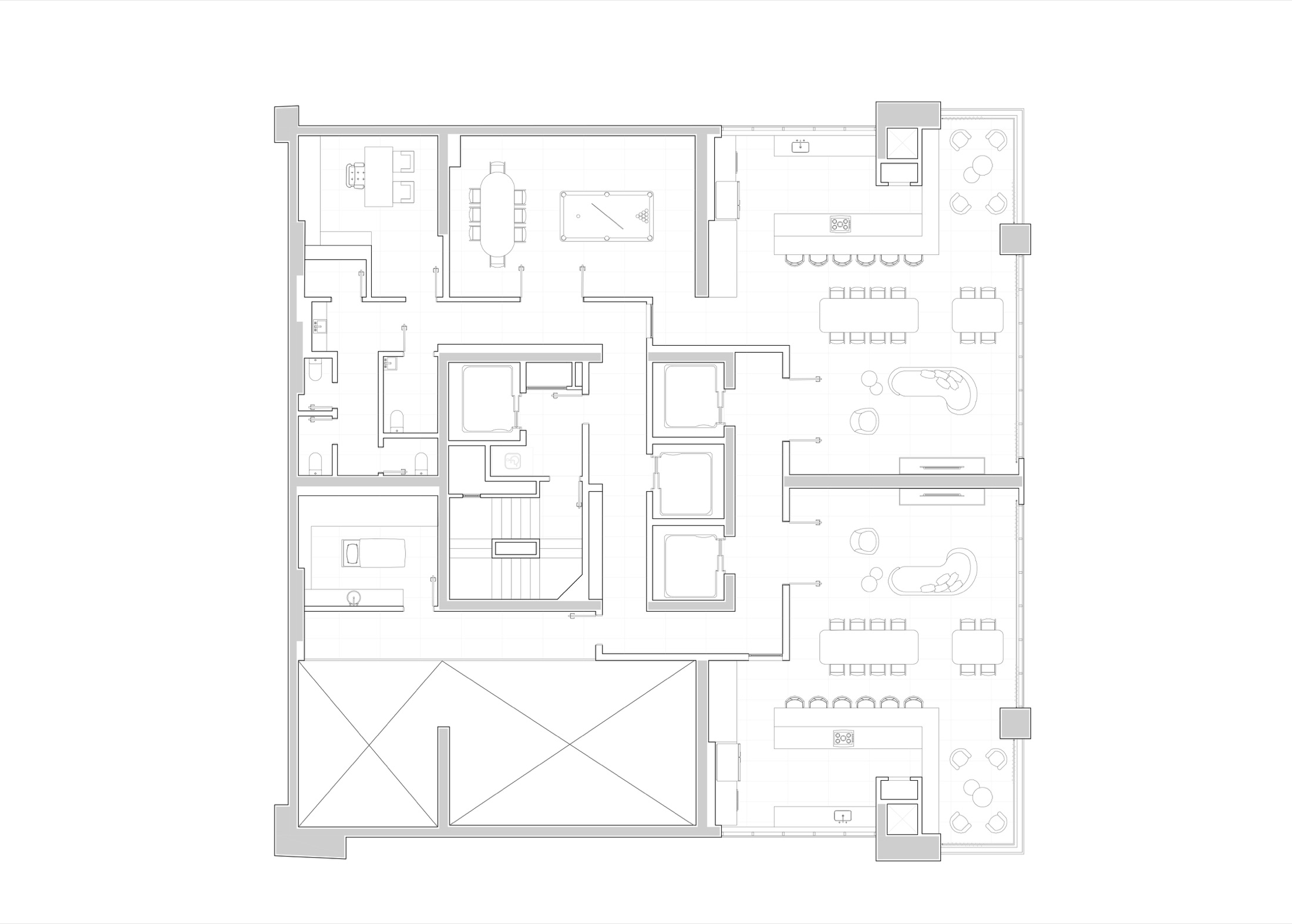 Plano técnico humanizado del segundo nivel de ocio de Tonino Lamborghini Residences