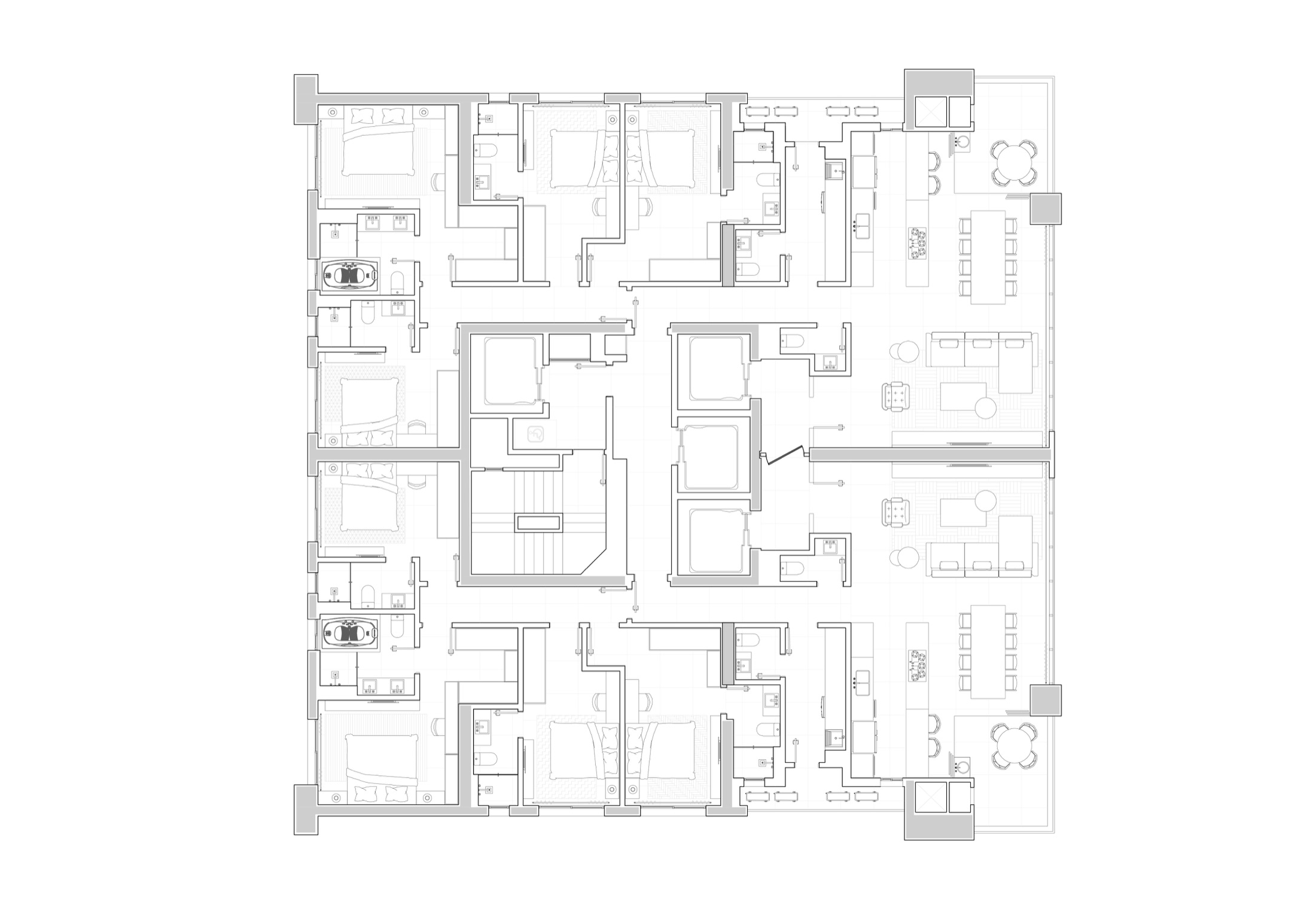 Plano técnico humanizado oficial de la planta Tipo A de Tonino Lamborghini Residences con 194,25 m² privados y 4 suites